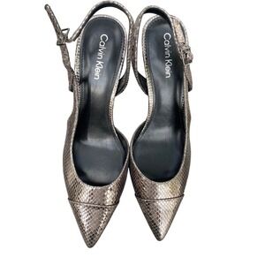 Calvin Klein Slingback Heels Pointed Toe Snakeskin‎ Print Metallic Silver 9.5M